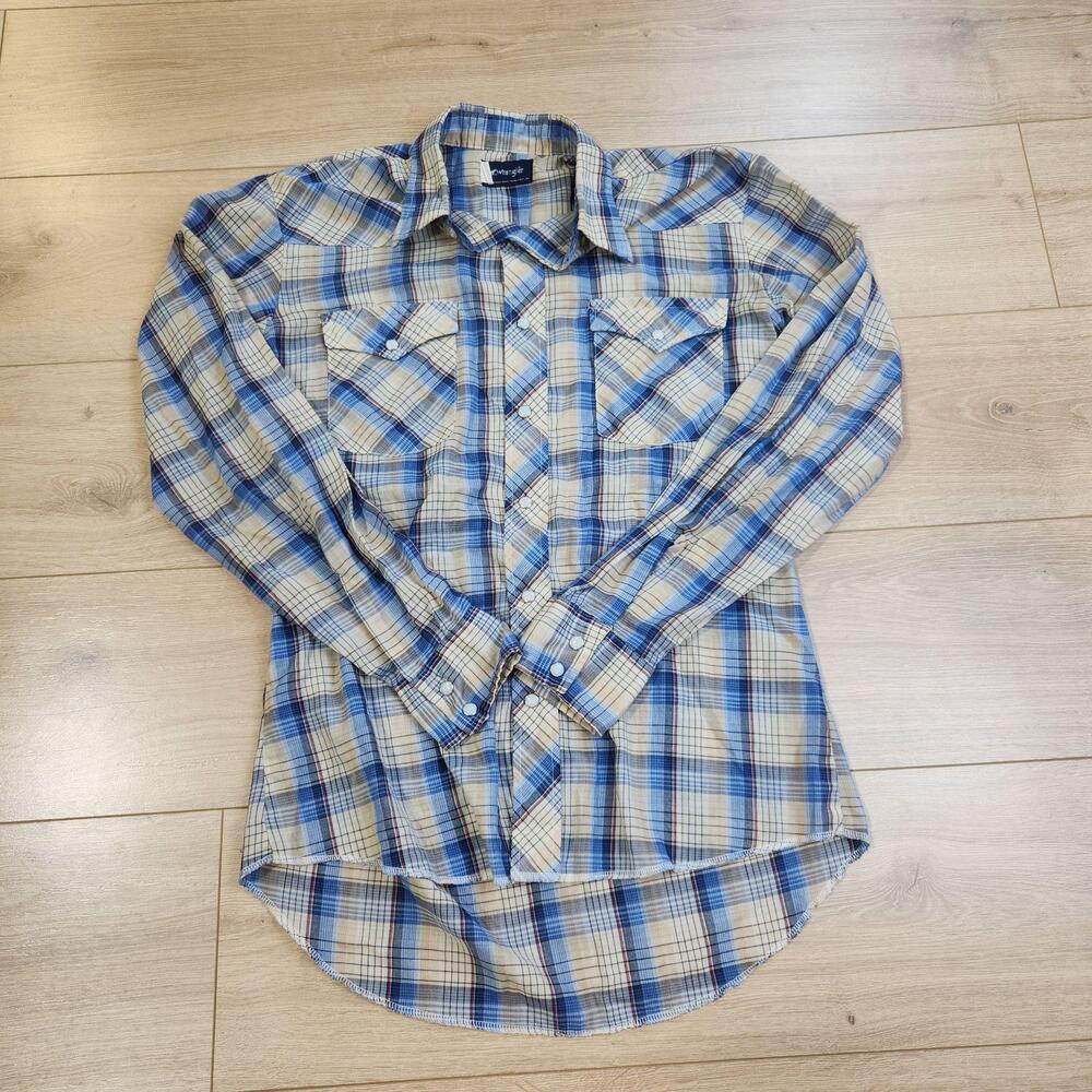 Wrangler Western Shirt Mens Medium Blue Plaid Pearl Snap Long Sleeve Cowboy